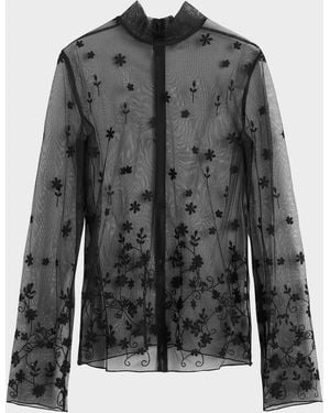 TOTEME Turtleneck Floral Tulle Long-Sleeve Blouse - Gray