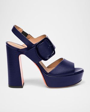 Santoni Bruxel Leather Buckle Platform Sandals - Blue