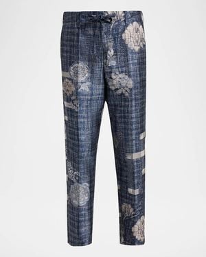 Giorgio Armani Check Floral Jacquard Straight-Leg Ankle Pants - Blue