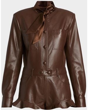 Self-Portrait Faux-Leather Ruffled-Hem Playsuit - Brown