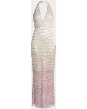 Mac Duggal Beaded Fringed Halter Gown - White
