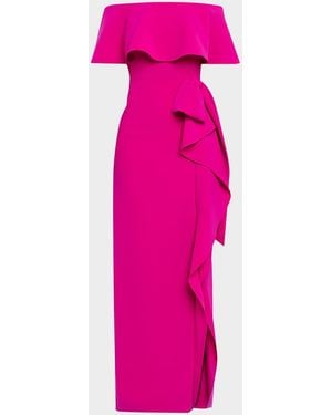 Teri Jon Off-Shoulder Ruffle Column Gown - Pink