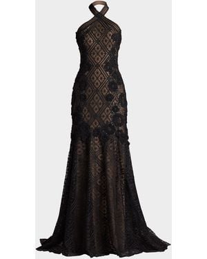 Tadashi Shoji Beaded Floral Applique Lace Halter Gown - Black