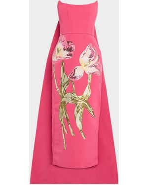 Amsale Strapless Sequined Floral Cape Column Gown - Pink