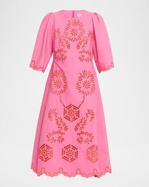 Maison Common Eyelet Embroidered Cotton 3/4-Sleeve Midi Dress - Pink