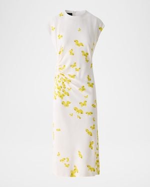 Akris Butterfly-Print Viscose Crepon Ruched Midi Dress With Scarf - White