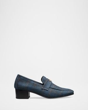 Bougeotte Plaid Wool Block-Heel Penny Loafers - Blue