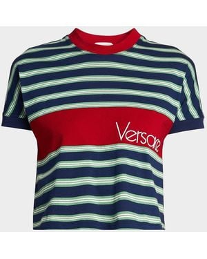 Versace La Vacanza Vintage Logo Striped Cotton T-Shirt - Blue