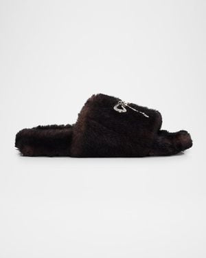 Balenciaga Embellished Bow Faux Fur Slide Sandals - Black