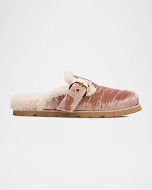 Stuart Weitzman Dara Shearling-Lined Suede Buckle Mules - Pink