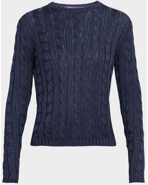 Ralph Lauren High Shine Silk Cable-Knit Crewneck Sweater - Blue