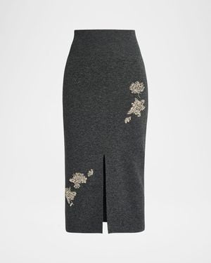Erdem Crystal Embroidered Knit Midi Pencil Skirt - Gray