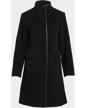 Fleurette Margaux Mid-Length Wool Coat With Leather Trim - Black