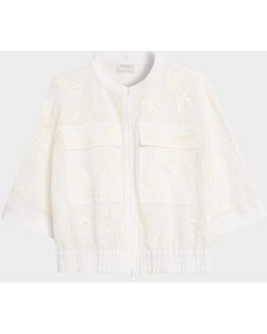 Brunello Cucinelli Broderie Anglaise Cotton Organza 3/4-Sleeve Zip Jacket - White