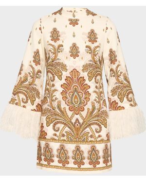 Tahari The Raquel Feather-Cuff Mini Shift Dress - Natural