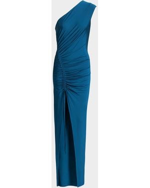 Balmain One Shoulder Fluid Jersey Ruched Gown - Blue