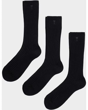 Ami Paris Apos;S Quota Embroidered Three-Pack Ribbed Crew Socks - Black
