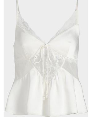 Self-Portrait Sheer Lace-Trim Satin Top - White