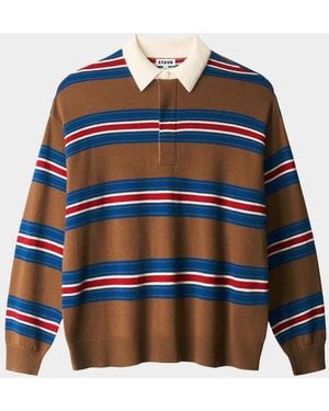 STAUD Michael Striped Cashmere Polo Sweater - Blue