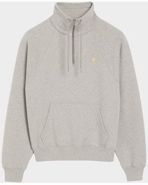 Ami Paris Apos;S Micro-Ami De Coeur Funnel Neck Half-Zip Hoodie - Gray