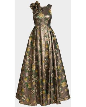Mac Duggal Pleated Metallic Floral Brocade Gown
