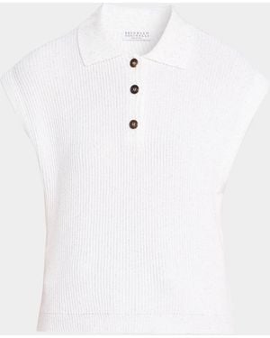 Brunello Cucinelli Sparkling Linen-Cotton Rib Sleeveless Polo Sweater - White