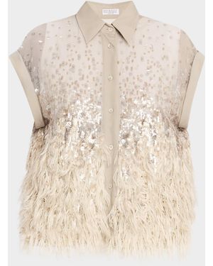 Brunello Cucinelli Sequin & Feather Silk Chiffon Blouse - Natural