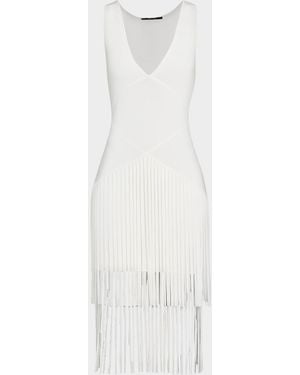 Toccin Patricia V-Neck Seamed Midi Dress With Fringe - White