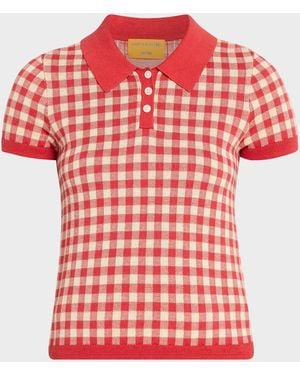 Guest In Residence Gingham Shrunken Silk-Linen Polo - Red