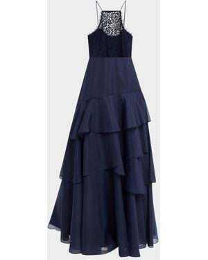 Aidan Mattox Lace & Tiered Organza Halter Gown - Blue