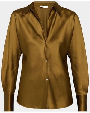 Vince Bias Silk Long-Sleeve Blouse - Green