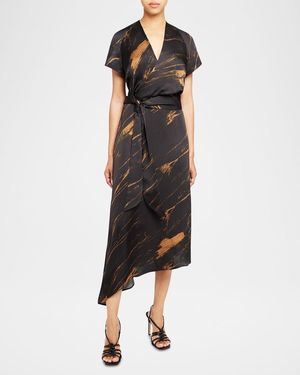 Santorelli Haley Abstract-Print Asymmetric Midi Dress - Black