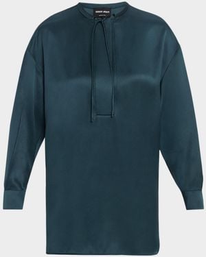 Giorgio Armani Long-Sleeve Silk Tunic Shirt - Blue