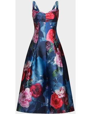 Cynthia Rowley Adria Floral Satin Tea-Length Dress - Blue