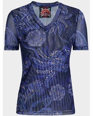 Johnny Was Floral-Print Mesh T-Shirt - Blue