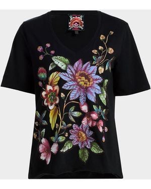 Johnny Was Raw-Cut Floral Embroidered Cotton T-Shirt - Black