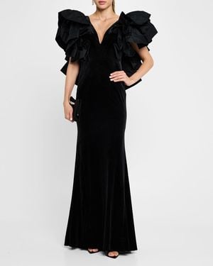 Jovani Ruffle Velvet Column Gown - Black