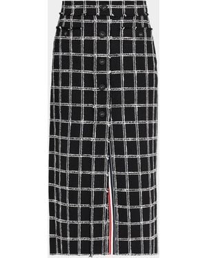 Thom Browne Windowpane Tweed Frayed Button-Front Midi Skirt - Black