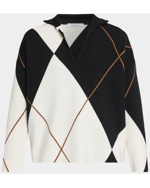 Max Mara Argyle Wool Knit Polo Sweater - Black