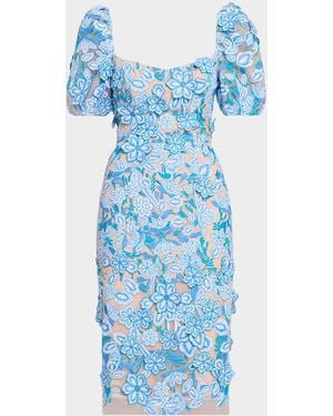 HELSI Exclusive Lucia Embroidered Puff-Sleeve Midi Dress - Blue