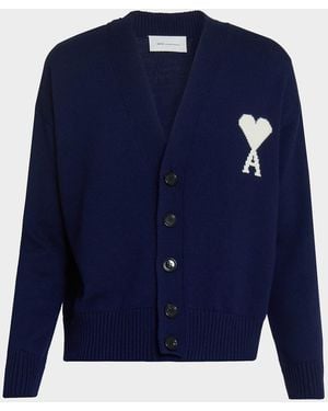 Ami Paris Apos;S Intarsia Ami De Coeur Wool And Cotton Knit Cardigan - Blue