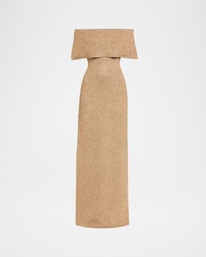 Lela Rose Deed Off-The-Shoulder Sequin Knit Gown - Natural