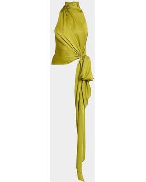 Balmain Turtleneck Bow Silk Charmeuse Sleeveless Top - Yellow