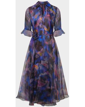 THEIA Colette Abstract-Print Organza Midi Shirtdress - Blue