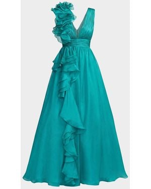 Mac Duggal Sleeveless Deep V-Neck Ruffle Gown - Blue
