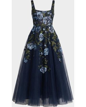 Mac Duggal Floral Embroidered Tulle Tea-Length Cocktail Dress - Blue
