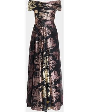Talbot Runhof Autumn Leaf Ombre Voile Off-The-Shoulder Gown - White
