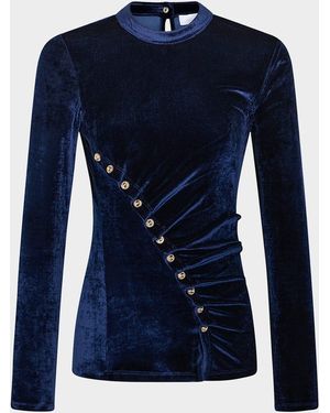 Rabanne Ruched Velvet Long-Sleeve Top - Blue