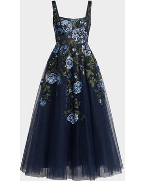 Mac Duggal Floral Embroidered Tulle Tea-Length Cocktail Dress - Blue