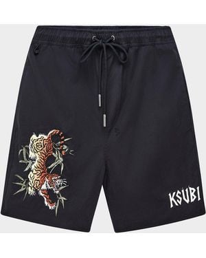 Ksubi Stay Up Embroidered Logo Cotton Fleece Shorts - Blue